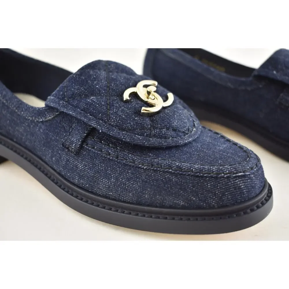 Chanel 24S Dark Blue Denim Quilted Turnlock CC Logo Moccasin Flat Loafer 38c